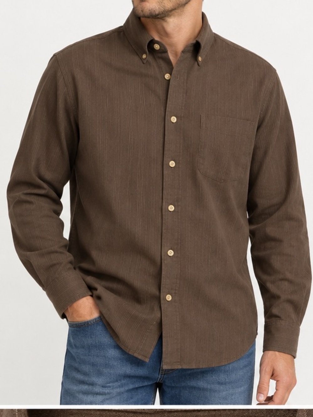Woolrich Men’s Medium Brown Textured Stripe Button Down Shirt Long Sleeve